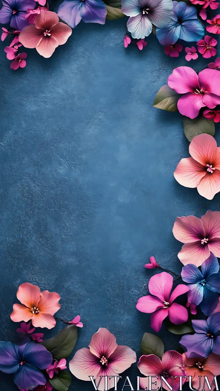 Colorful Flowers Arranged Border on Blue Textured Background