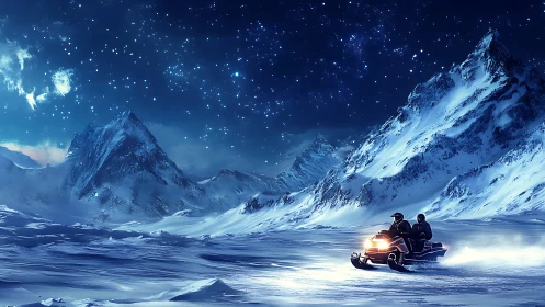 Snowmobile crossing under starlit alpine peaks at night.
