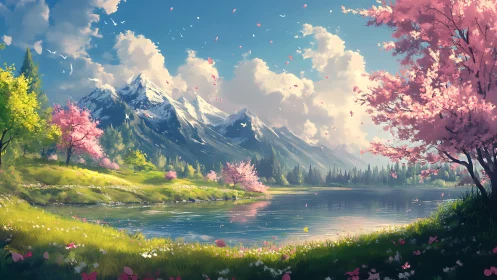 Spring alpine lake under snowcapped peaks with saturated lighting