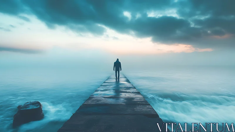 Solitary figure on misty ocean pier at blue sunrise.