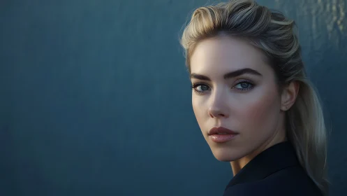 Blonde woman in dark blazer against plain teal wall.