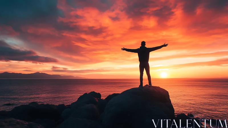 Silhouetted figure embraces fiery coastal sunset sky in awe.