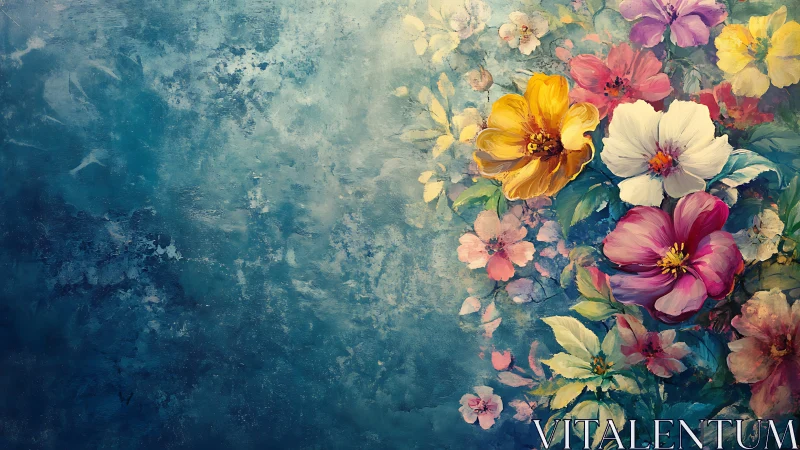Floral Arrangement Against Textured Blue Background
