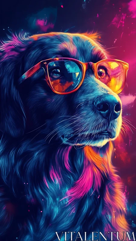 Cool neon pup in sunglasses soaking up dreamy city lights.