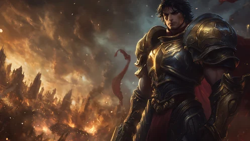 Armored fantasy warrior above burning ruined cityscape.