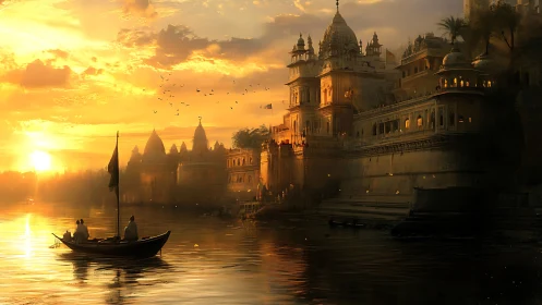 Golden-hour riverside palace glows against atmospheric skyline