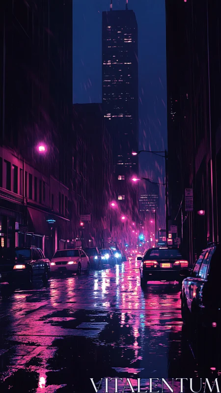 Neon rain city street with towering skyline at night.
