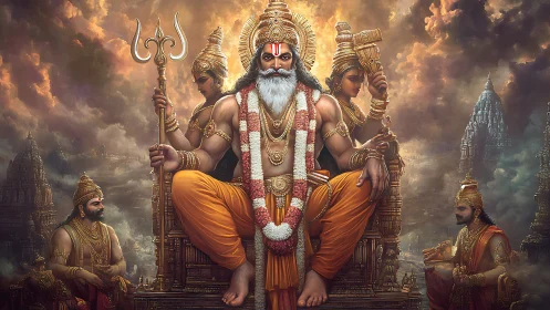 Central seated deity with attendants in ornate temple setting.