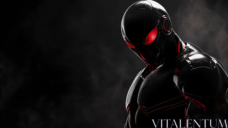 Midnight cyber sentinel leans from the smoke and glows red