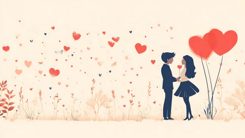 Couple With Oversized Heart Balloons In Floral Field.