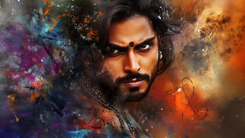 Storm-touched warrior stares through swirling cosmic pigment