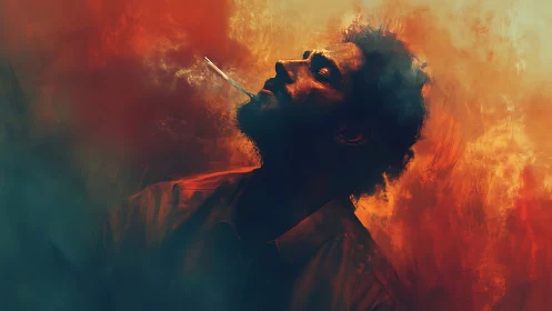 Smoky sunset portrait wrapped in fiery, dreamlike color.