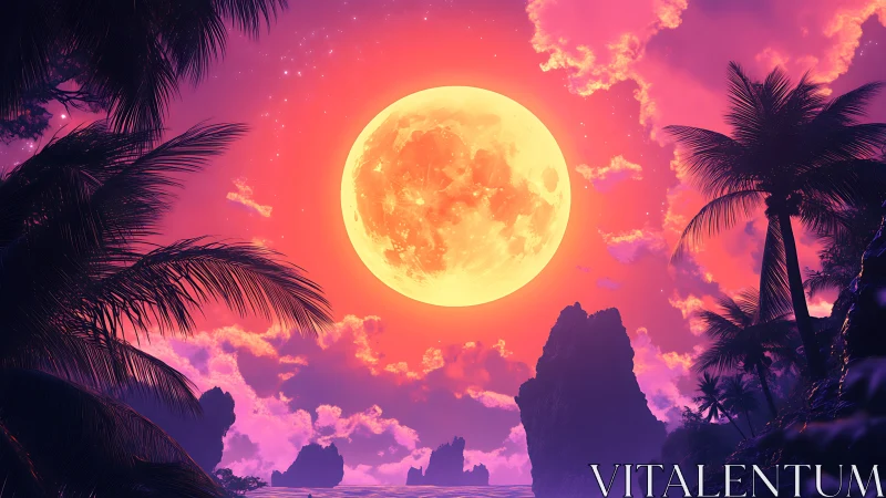 Dreamy tropical moonrise glowing over palm-framed shores.