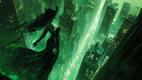Sorceress over neon city canyons in swirling green night.
