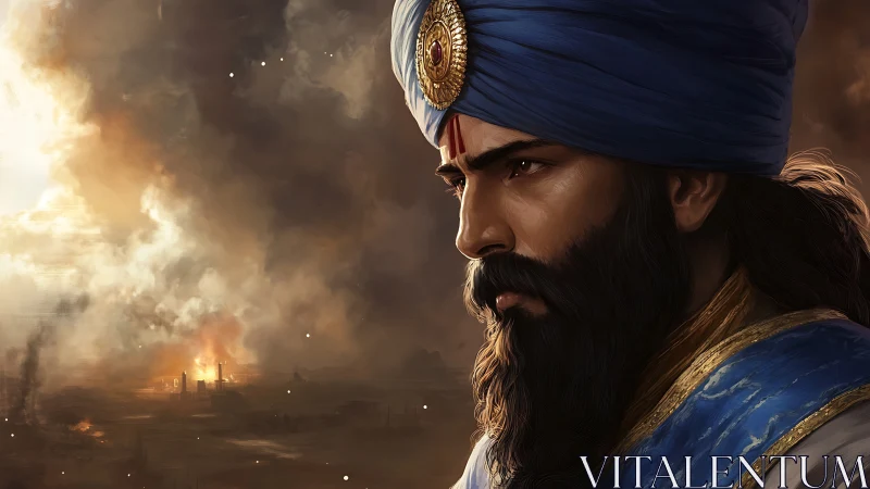 Bearded turbaned figure observes burning distant cityscape