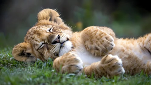 Lion cub lying on grass surface in resting position.