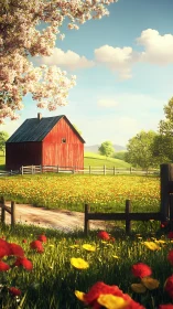 Red barn in bright spring meadow under clear blue sky.