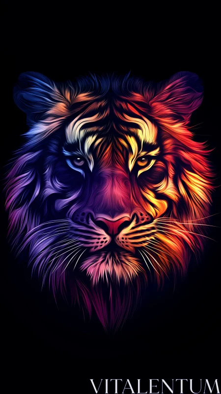 Neon gradient tiger portrait on deep black background.