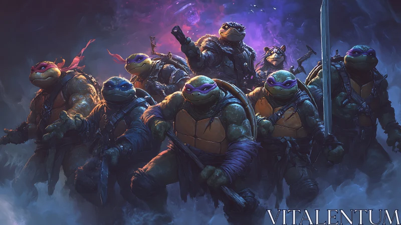 Armored mutant turtles advance through neon storm haze.