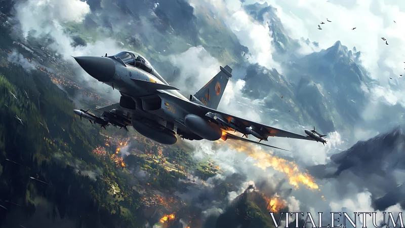 Modern fighter jet over mountainous combat landscape.