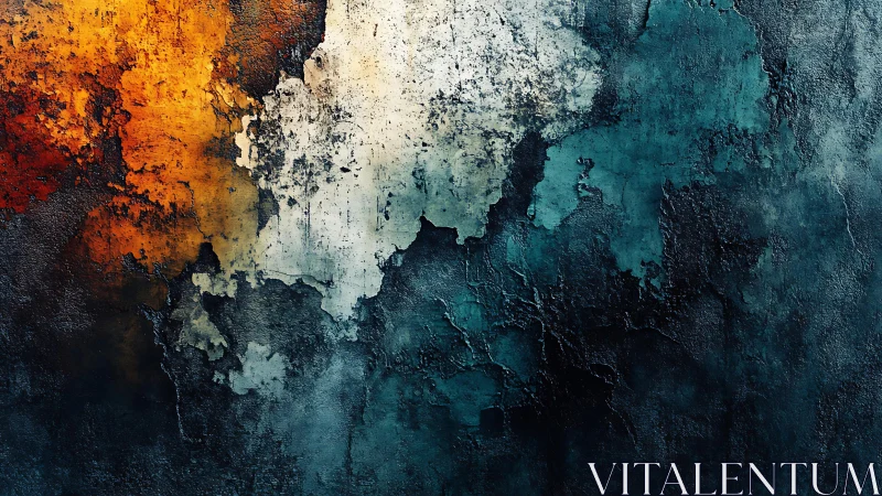 Abstract textured wall with vibrant orange, white, and blue hues.