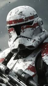 Armored sci fi soldier in worn white and red helmet armor.