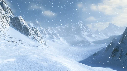 Wind-sculpted polar valley under dynamic snowfall and diffuse light