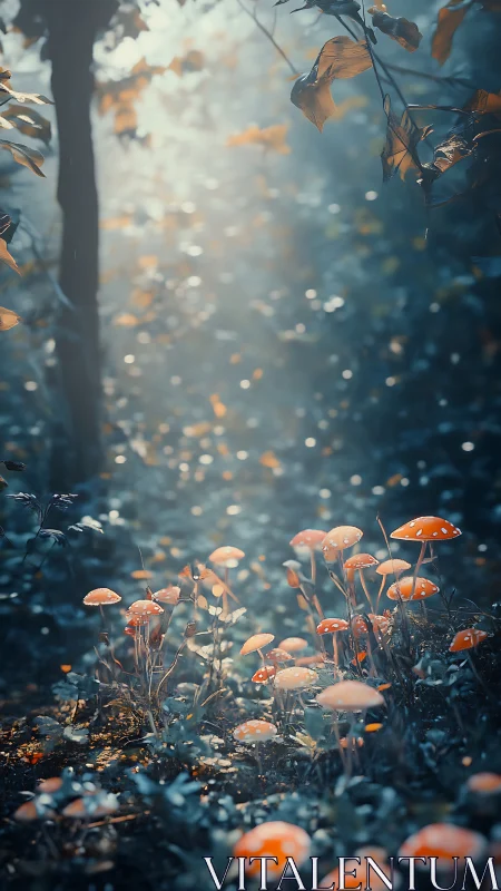 Digital painting of luminous forest mushrooms in misty light.
