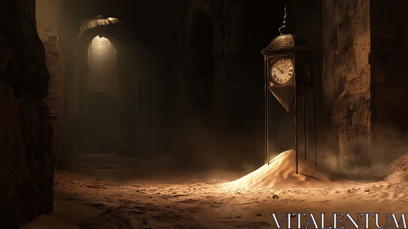 Antique clock tower buried in cinematic desert ruin light.