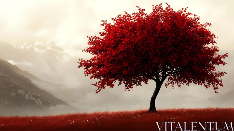Solitary crimson tree contrasts atmospheric alpine mist
