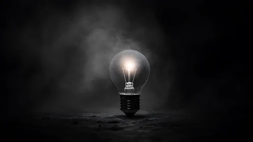 Single glowing lightbulb in moody low key studio scene.