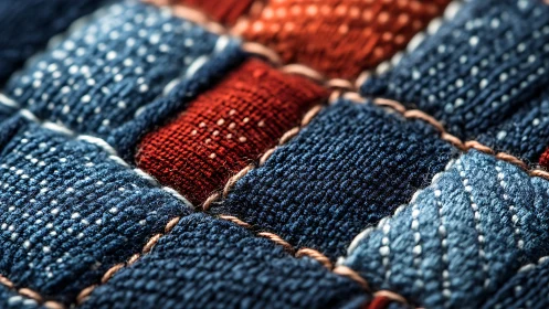 Close-up textile weave with navy and red threads woven together.