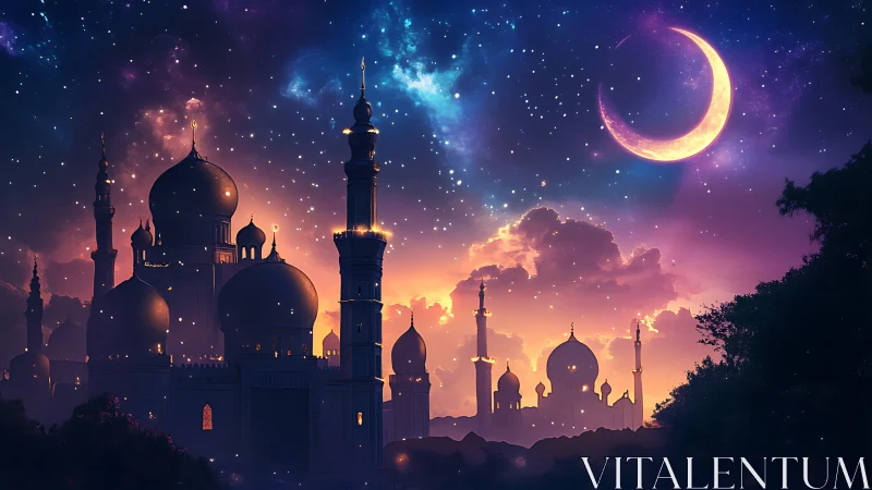 Starlit mosque skyline under luminous crescent moon glow.