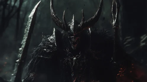 Dark fantasy warlord in horned armor, cinematic rendering.
