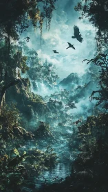 Misty Canyon Portal Where Birds Dance Between Verdant Cliffs