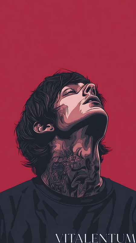 Tattooed young man in stylized portrait on red background.