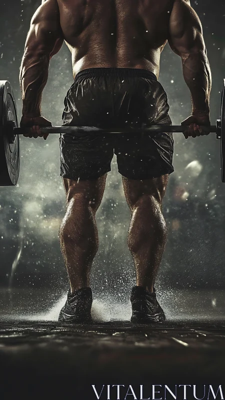Muscular athlete lifting barbell in wet gym setting.
