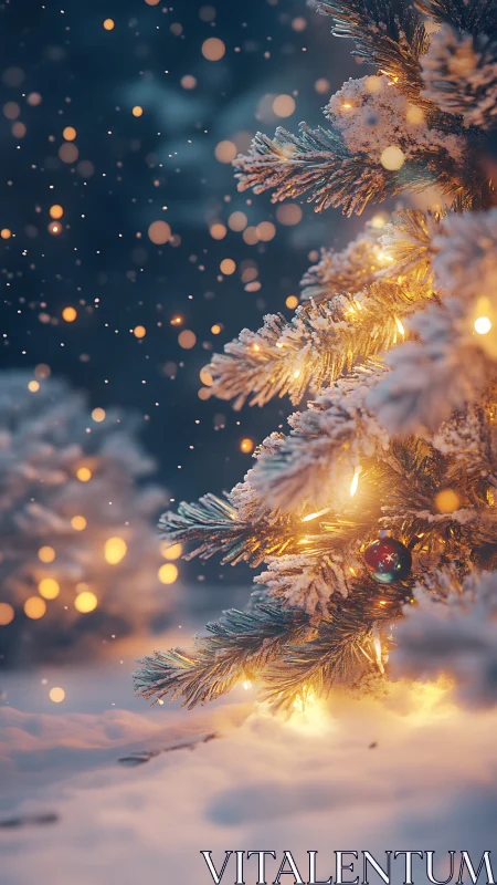 Snow-dusted Christmas tree branch with warm bokeh lighting