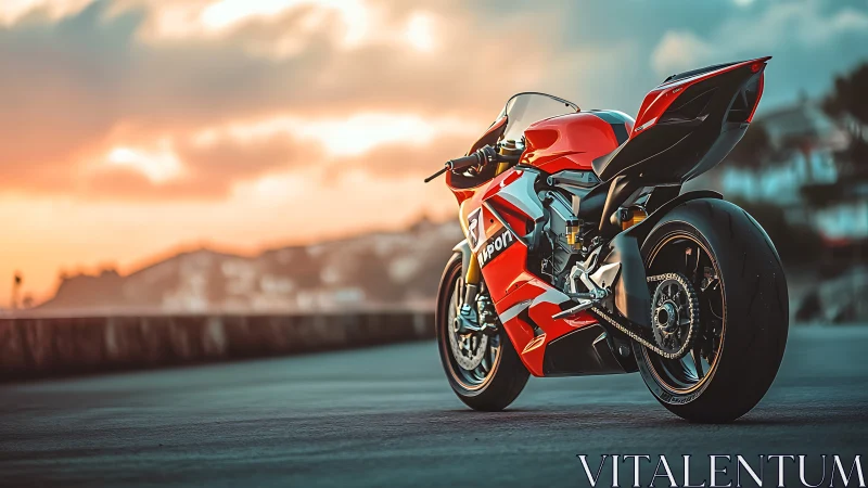 Sunset predator superbike poised on an open coastal road.