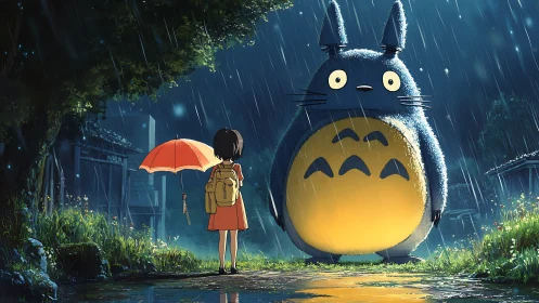 Girl and large forest creature in rainy roadside scene.