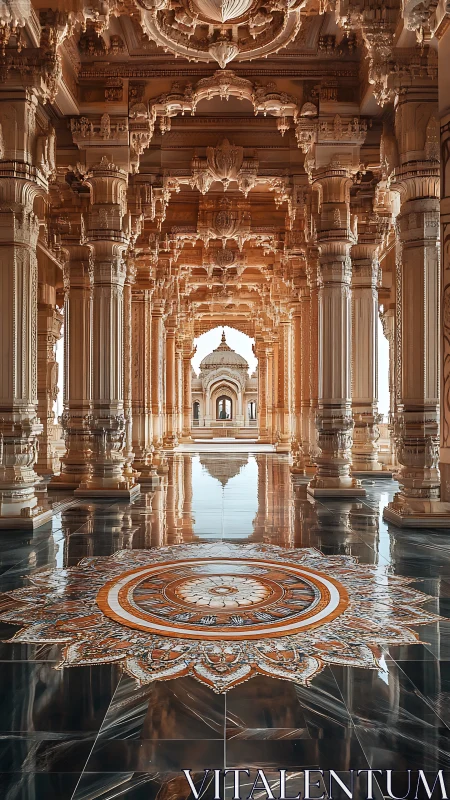 Intricate temple corridor with mirrored mandala floorwork.