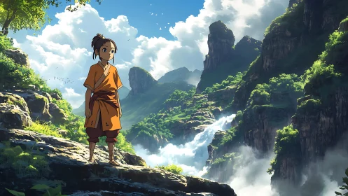 Young traveler greets a lush canyon of waterfalls and light