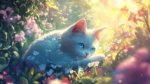 White Feline in Chromatic Floral Ecosystem with Luminous Atmospheric Diffusion.