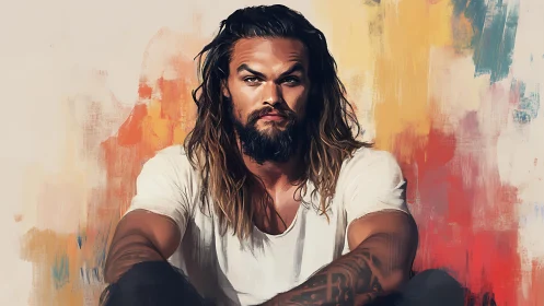 Portrait study of seated man against textured abstract color field