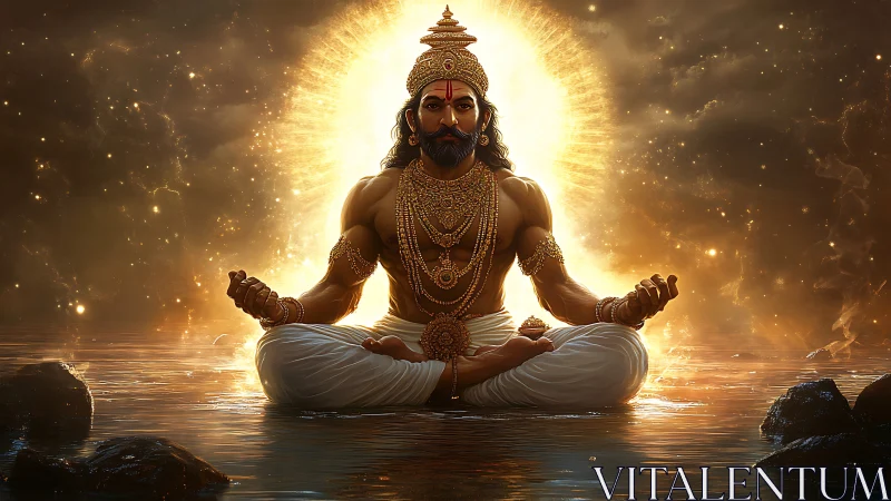 Golden robed figure meditating on water with radiant halo.