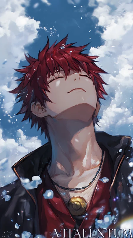 Red-haired anime hero under luminous summer sky