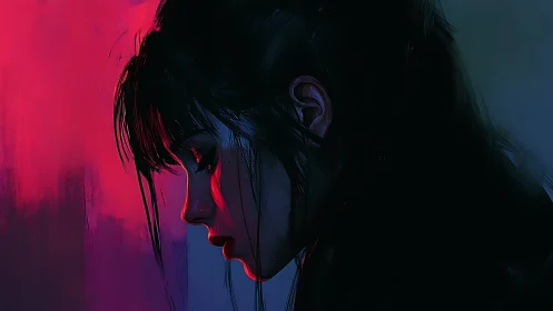 Digital painting profile portrait in neon chiaroscuro lighting.