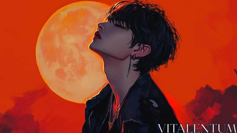 Crimson moonlit portrait of silhouetted youth in leather jacket.