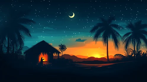 Tropical hut silhouette under starry sky at vivid sunset