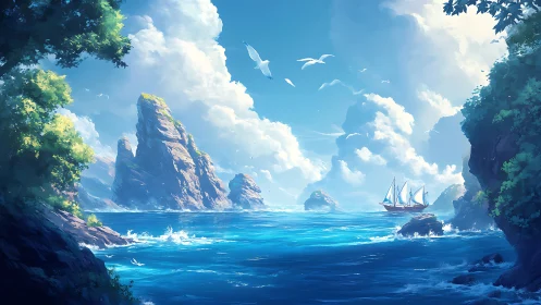 Fantastical Coastal Seascape with Towering Rock Formations and Sailing Vessel